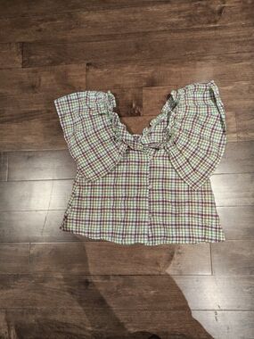 Stunning Zara Plaid Button-Down Top in Green, Pink, White